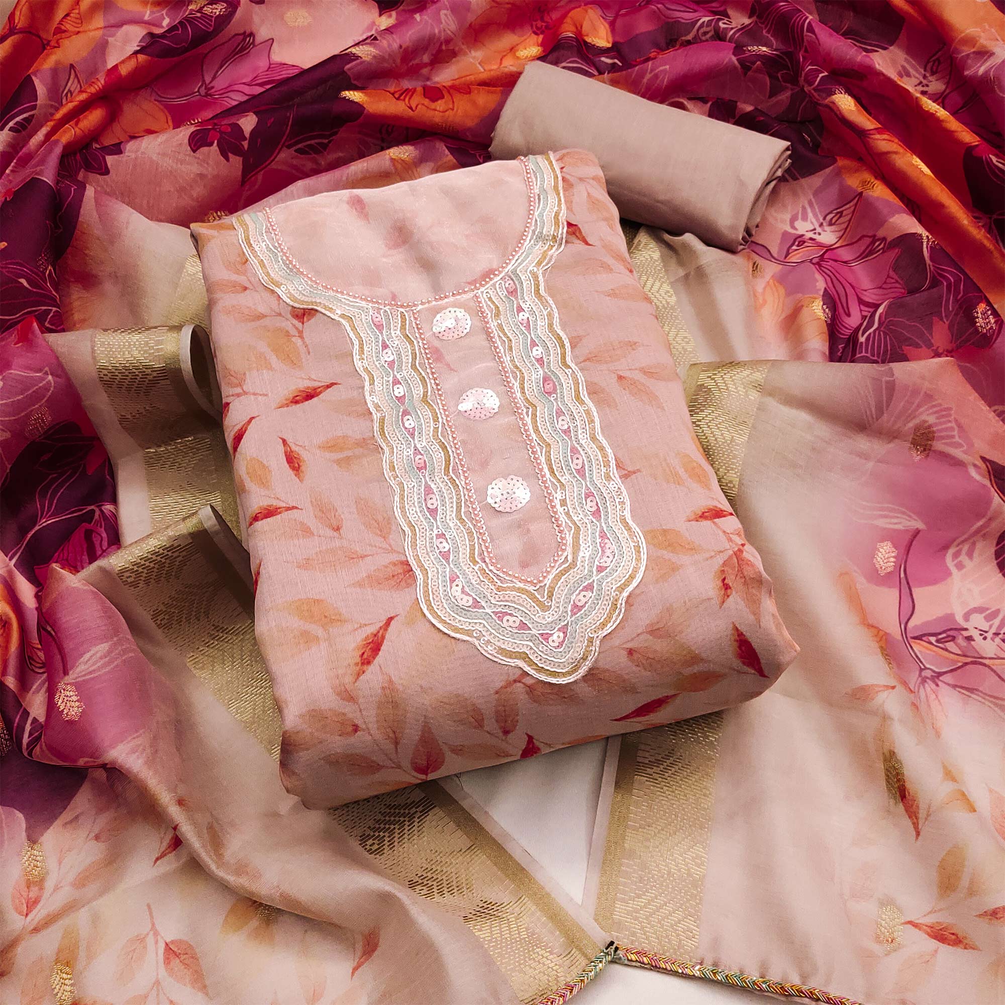 Peach Printed With Sequins Embroidered Chanderi Dress Material