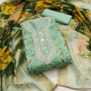 Sea Green Printed With Sequins Embroidered Chanderi Dress Material