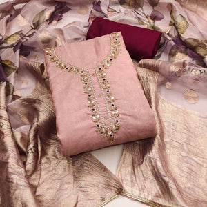 Peach Floral Digital Printed With Handwork Pure Cotton Dress Material