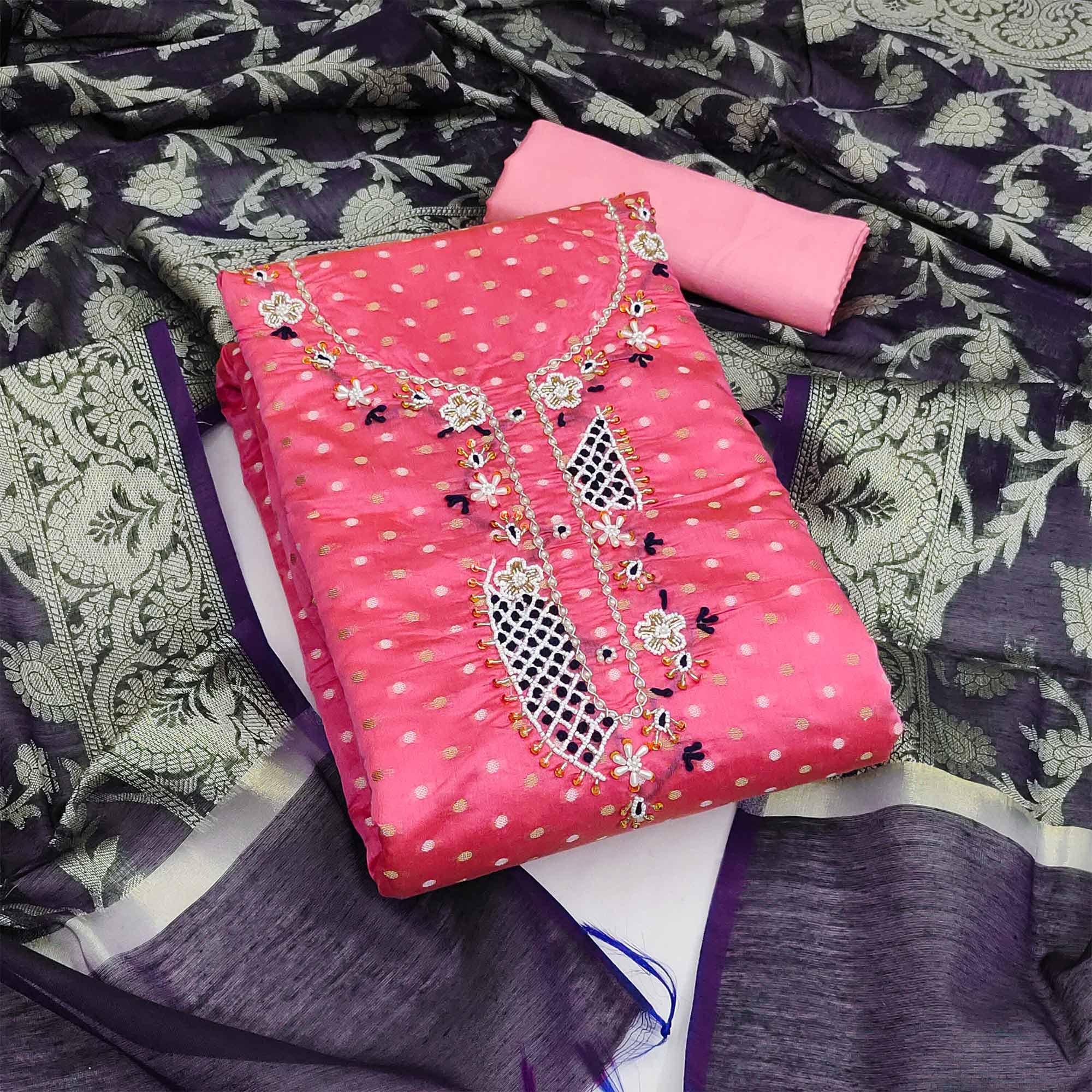 Pink Woven With Hand Embroidery Chanderi Dress Material