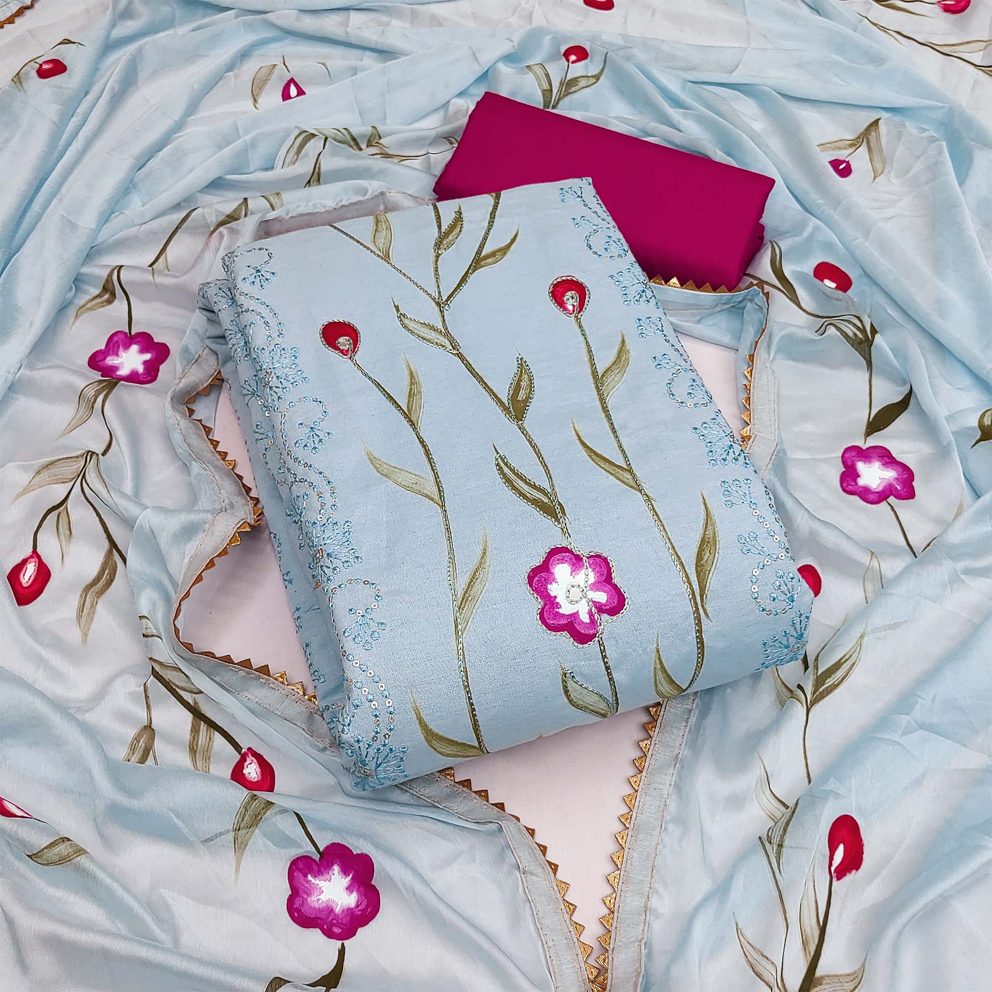 Bluish Grey Hand Embroidery With Printed Pure Cotton Dress Material