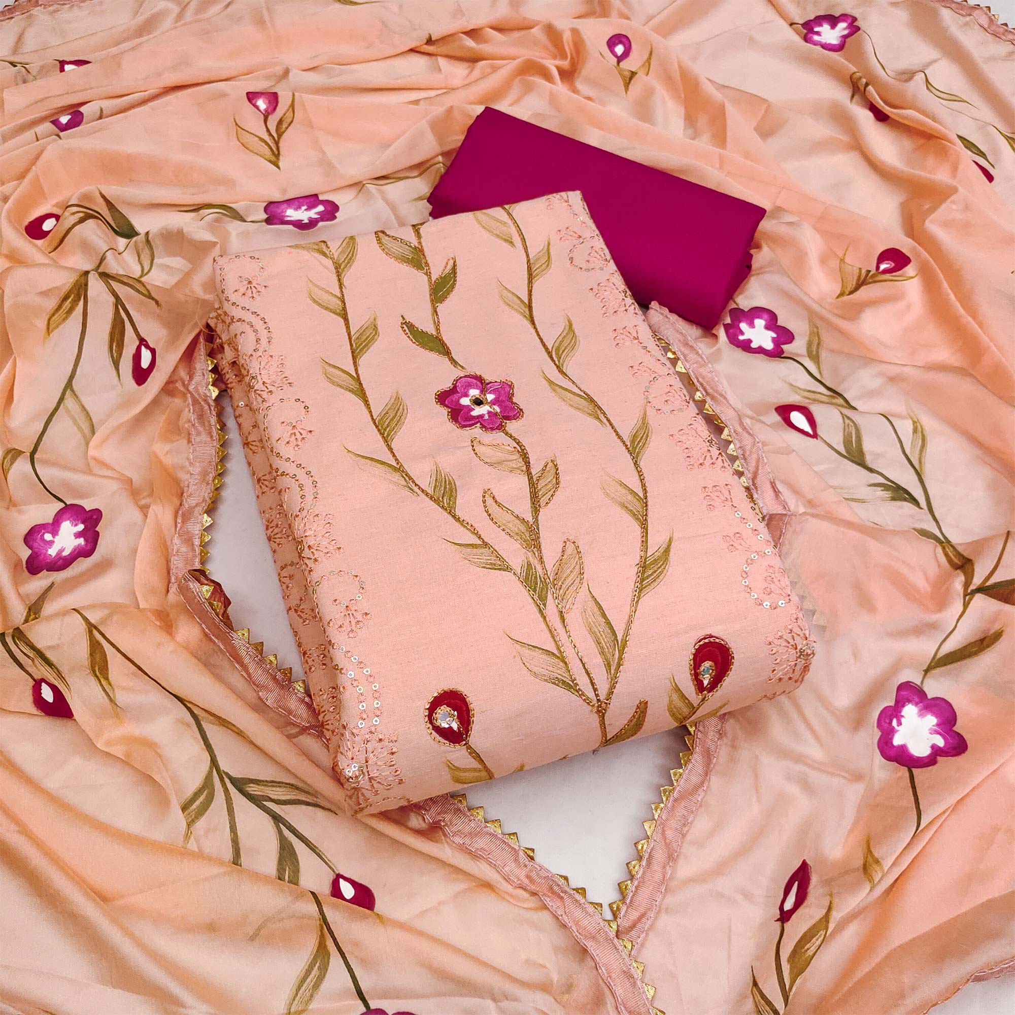 Peach Hand Embroidery With Printed Pure Cotton Dress Material