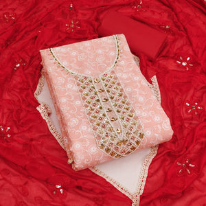 Peach Floral Printed With Hand Embroidery Pure Cotton Dress Material