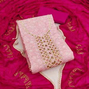 Pink Floral Printed With Hand Embroidery Pure Cotton Dress Material