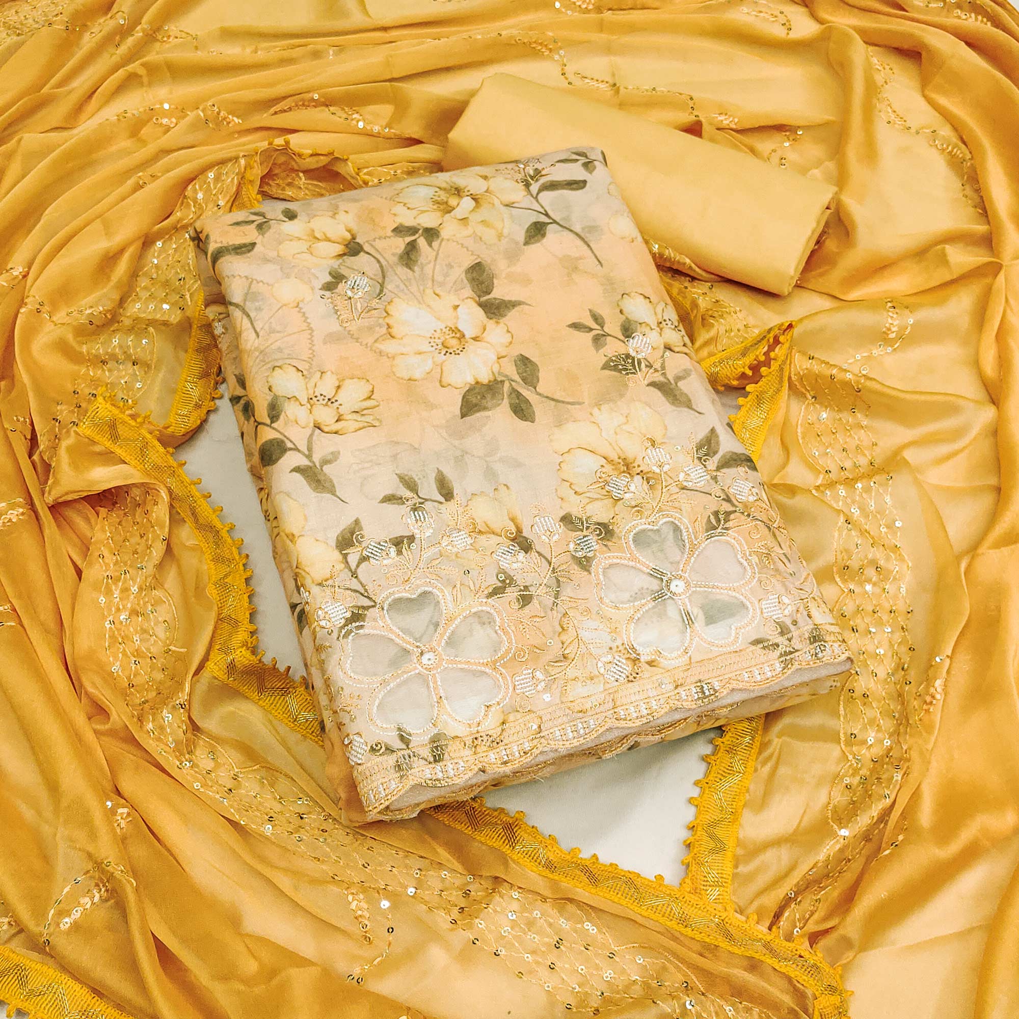 Yellow Floral Embroidery With Printed Pure Cotton Dress Material