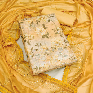 Yellow Floral Embroidery With Printed Pure Cotton Dress Material