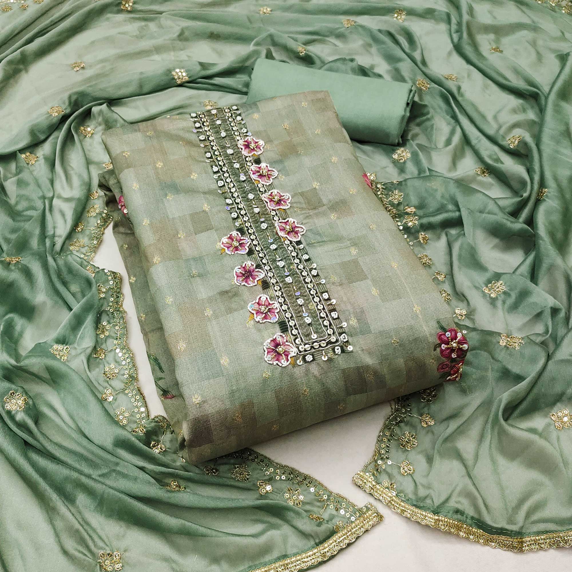 Green Floral Digital Printed With Handwork Chanderi Dress Material