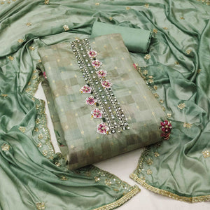 Green Floral Digital Printed With Handwork Chanderi Dress Material