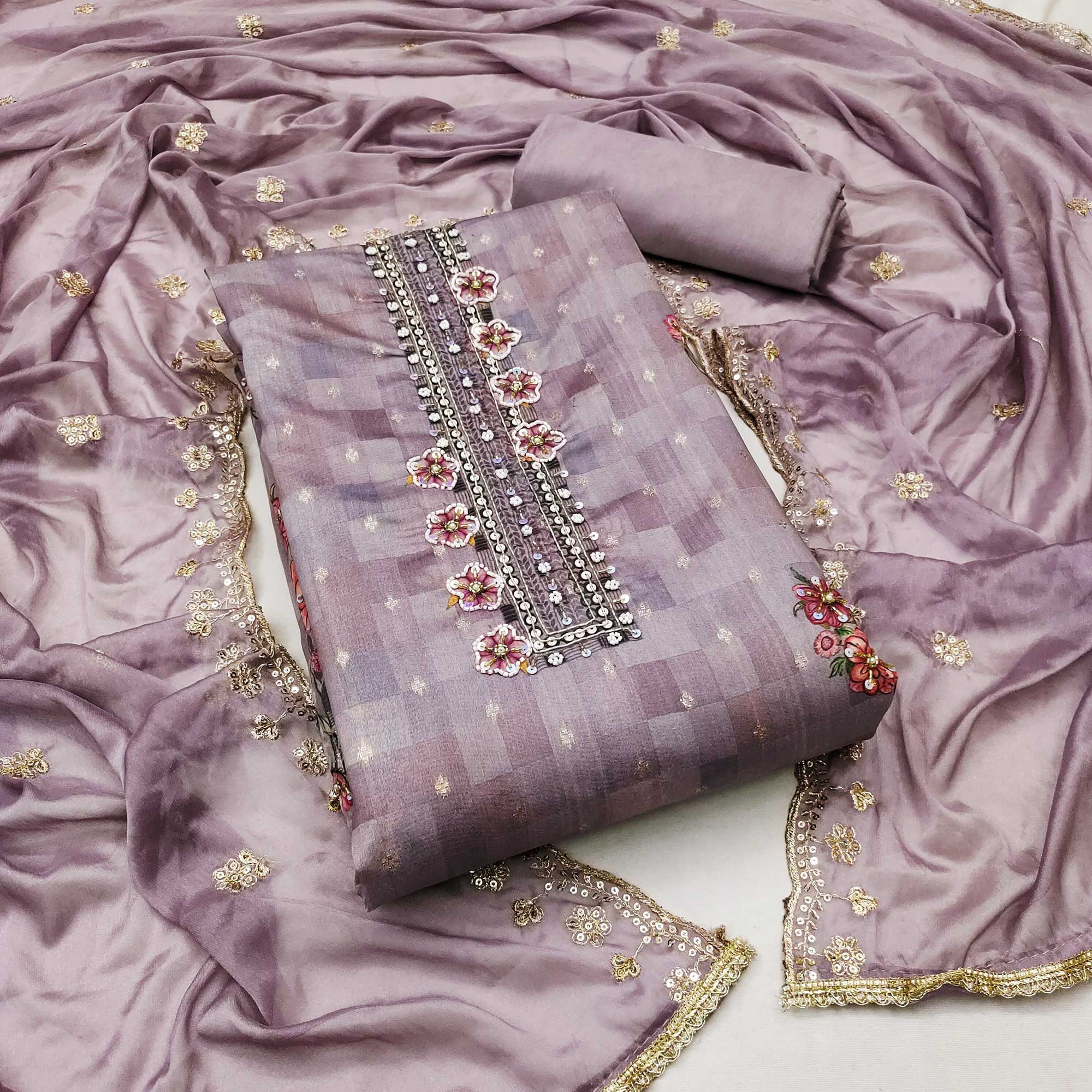 Purple Floral Digital Printed With Handwork Chanderi Dress Material