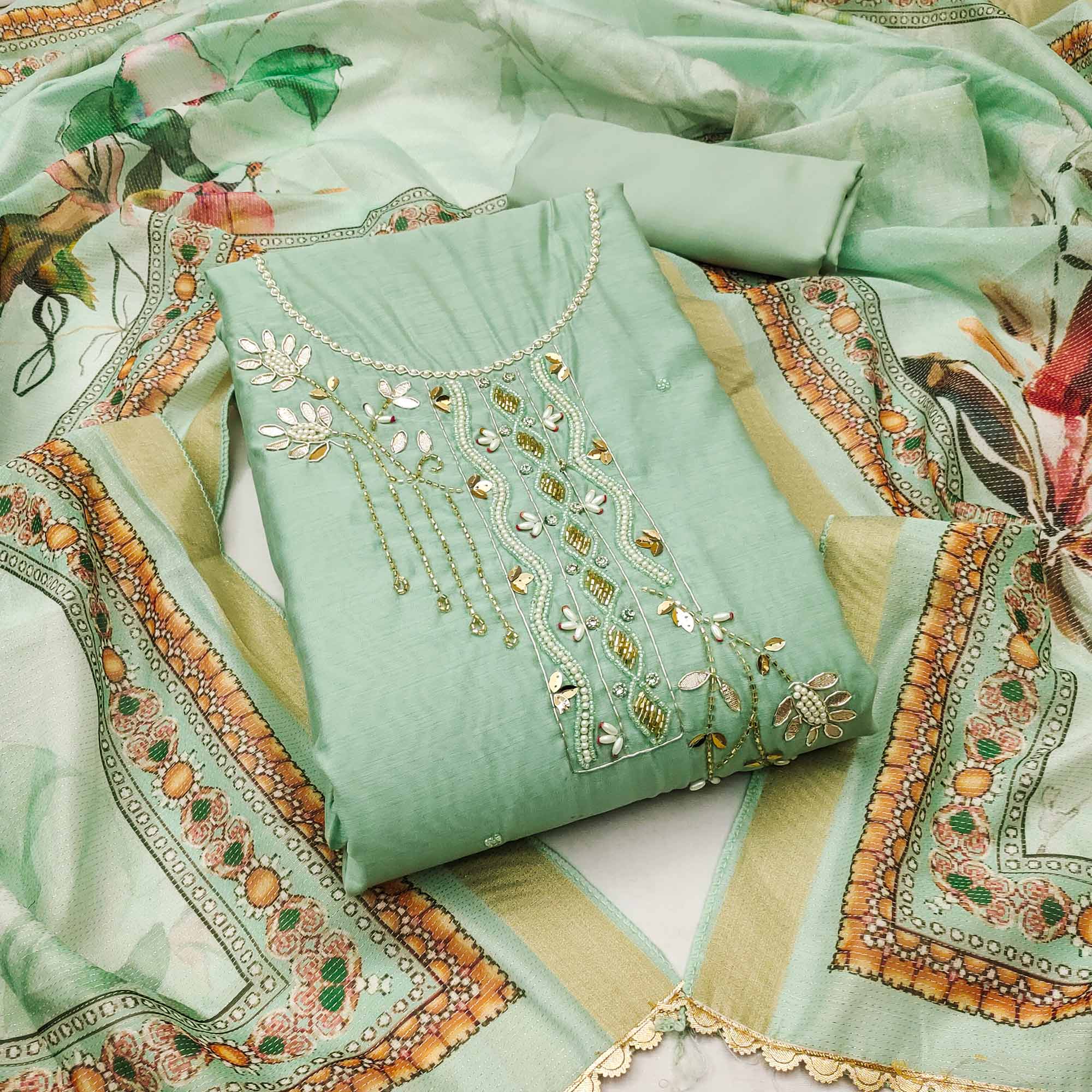 Green Floral Hand Embroidery Chanderi Dress Material