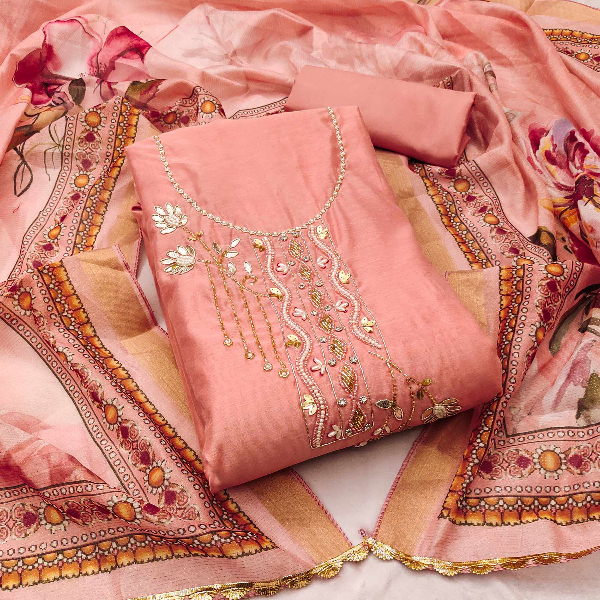 Peach Floral Hand Embroidery Chanderi Dress Material