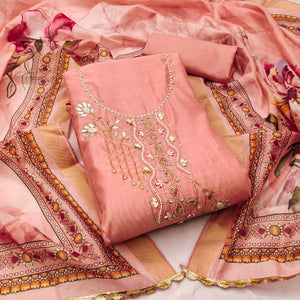 Peach Floral Hand Embroidery Chanderi Dress Material