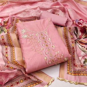Pink Floral Hand Embroidery Chanderi Dress Material