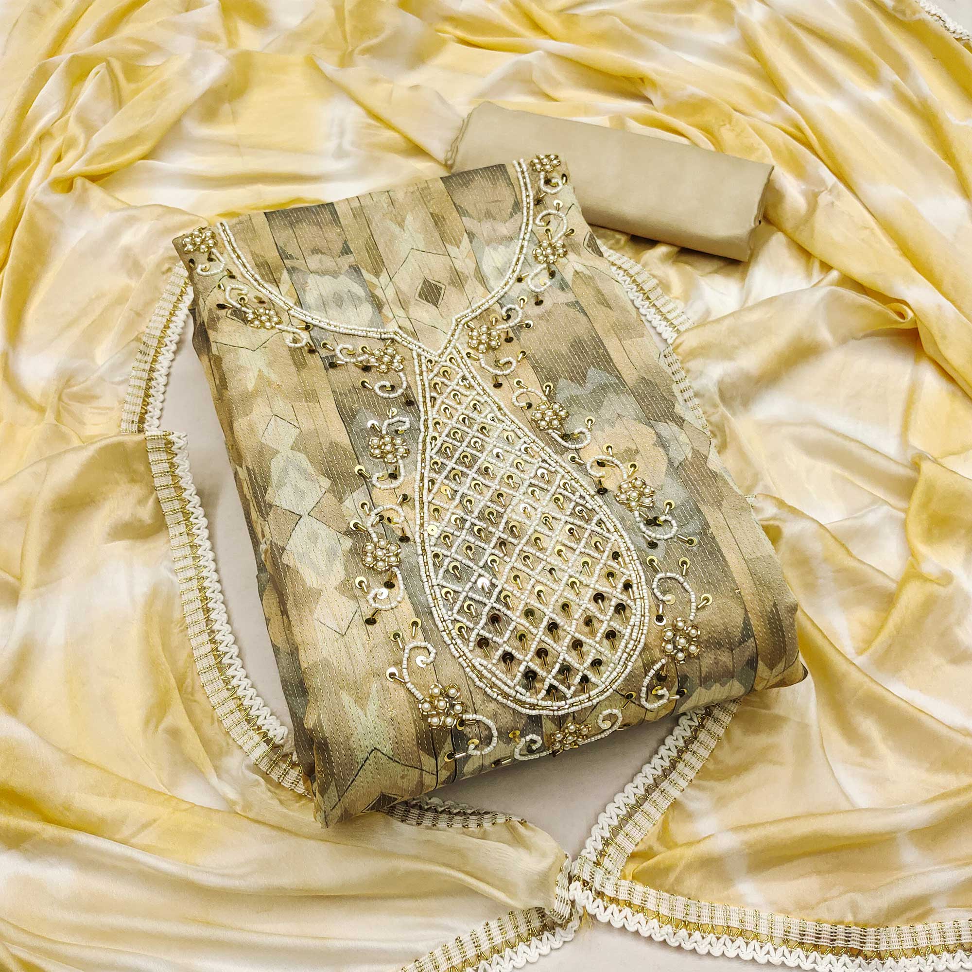 Cream Digital Printed With Hand Embroidery Chanderi Dress Material