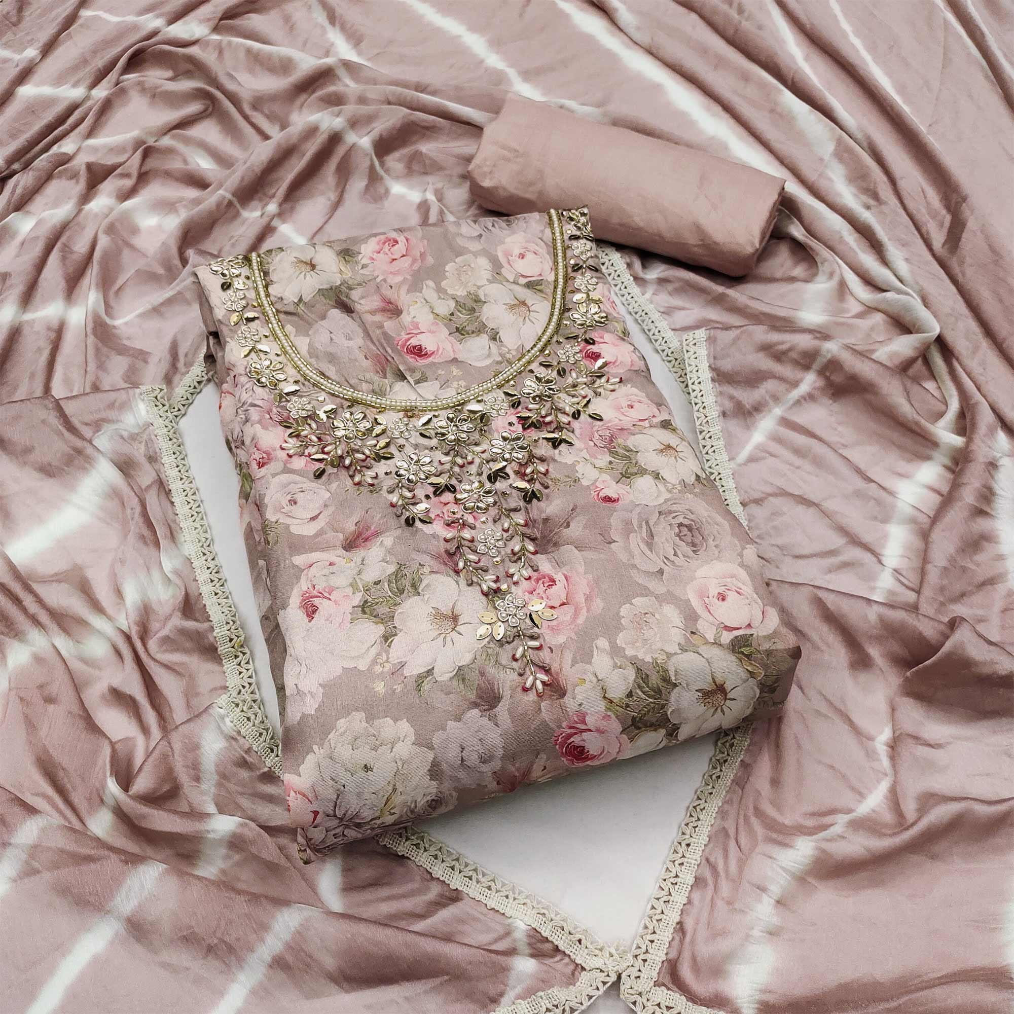 Dusty Peach Floral Digital Printed With Hand Embroidery Muslin Dress Material