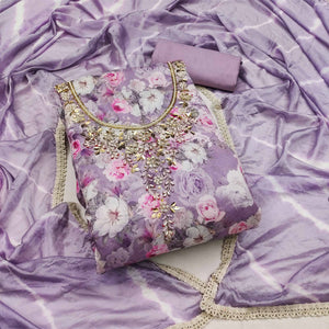 Lavender Floral Digital Printed With Hand Embroidery Muslin Dress Material