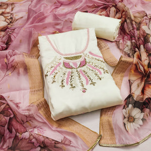 Offwhite Hand Embroidered Cotton Silk Dress Material