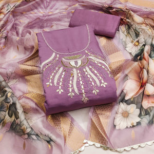 Purple Hand Embroidered Cotton Silk Dress Material