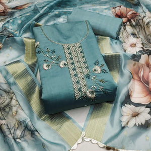 Blue Floral Hand Embroidered Cotton Silk Dress Material