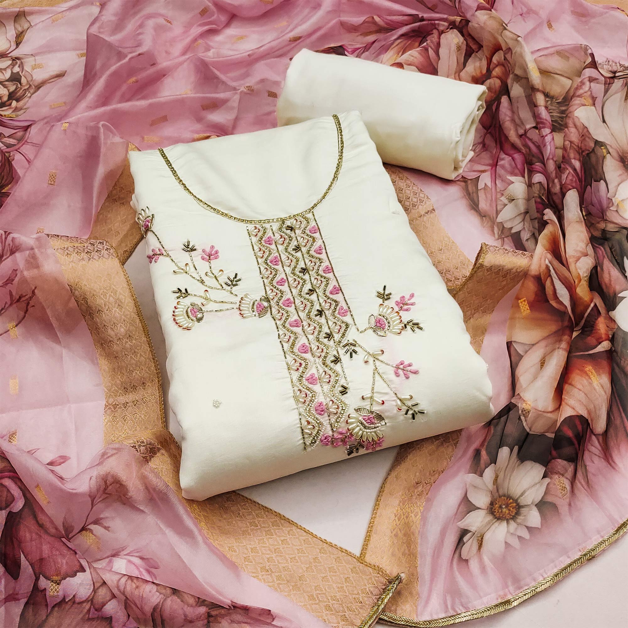 Offwhite Floral Hand Embroidered Cotton Silk Dress Material