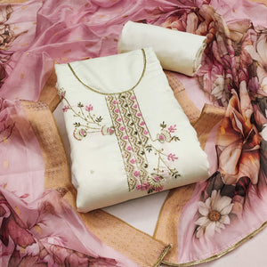 Offwhite Floral Hand Embroidered Cotton Silk Dress Material