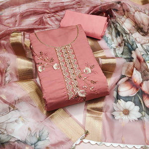 Peach Floral Hand Embroidered Cotton Silk Dress Material