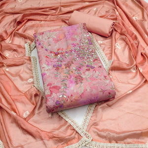 Peach Printed With Hand Embroidery Pure Cotton Dress Material