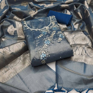 Blue Floral Hand Embroidered Viscose Dress Material