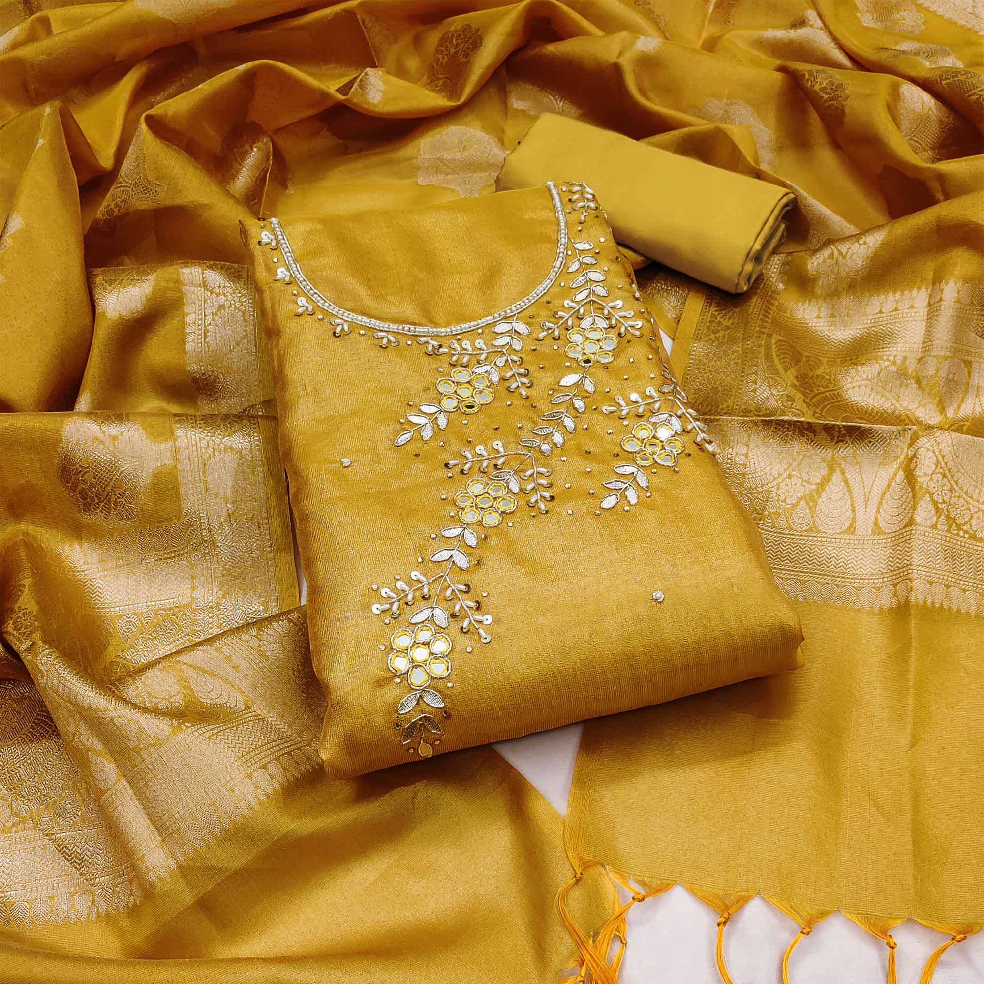Yellow Floral Hand Embroidered Viscose Dress Material