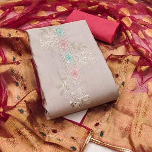 Beige Floral Embroidered Cotton Silk Dress Material