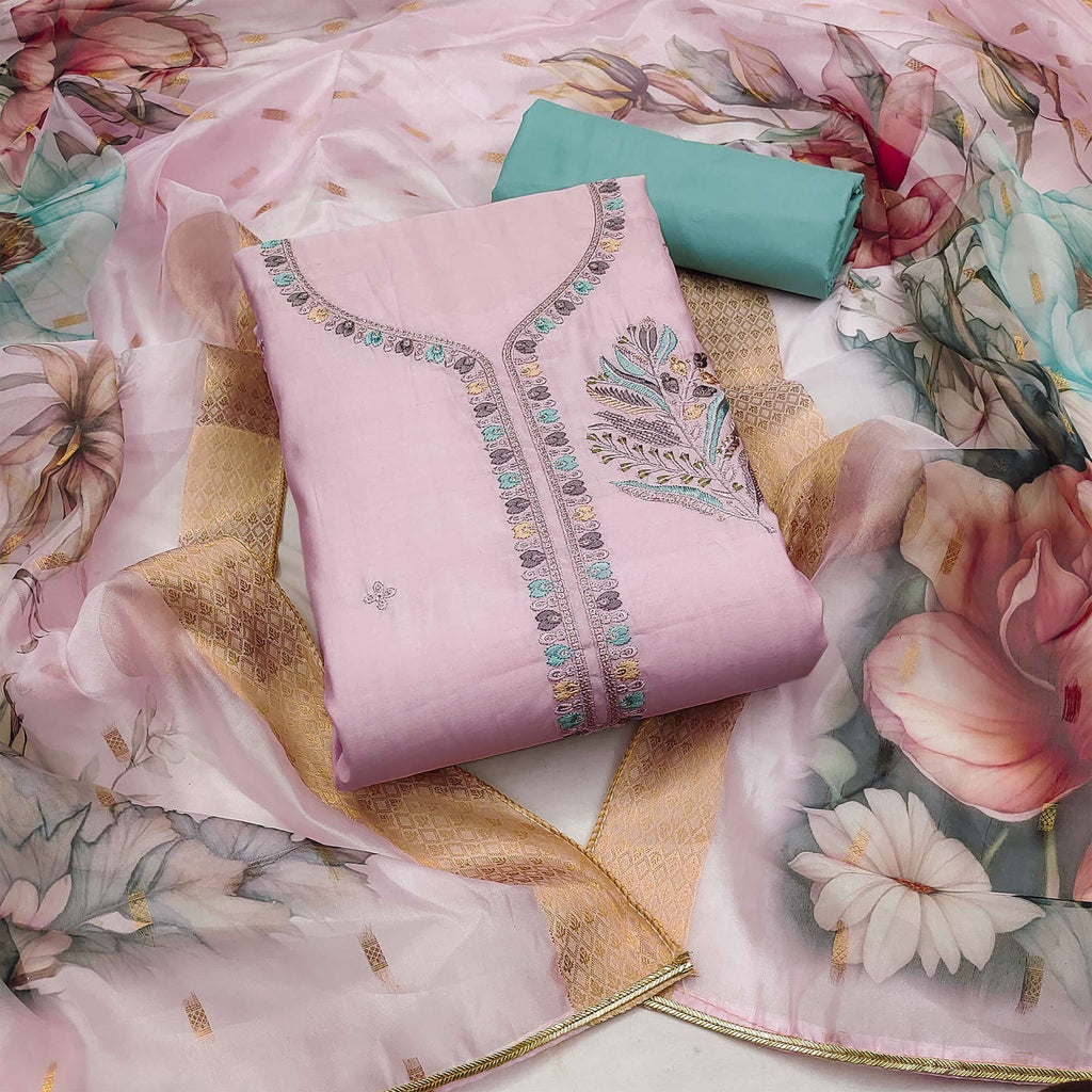 Pink Embroidered Silk Blend Dress Material With Dupatta