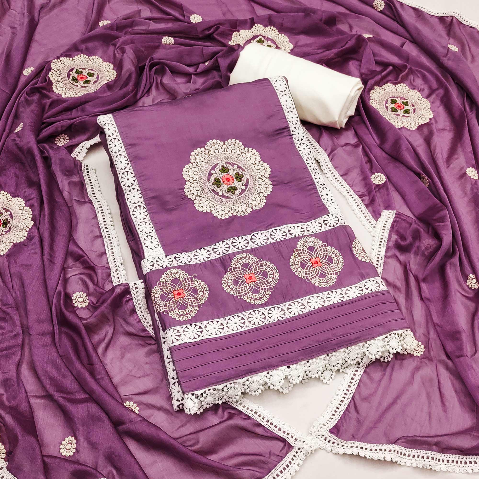 Purple Floral Embroidered Cotton Silk Dress Material
