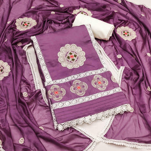 Purple Floral Embroidered Cotton Silk Dress Material
