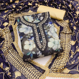 Blue Floral Printed With Hand Embroidered Viscose Dress Material