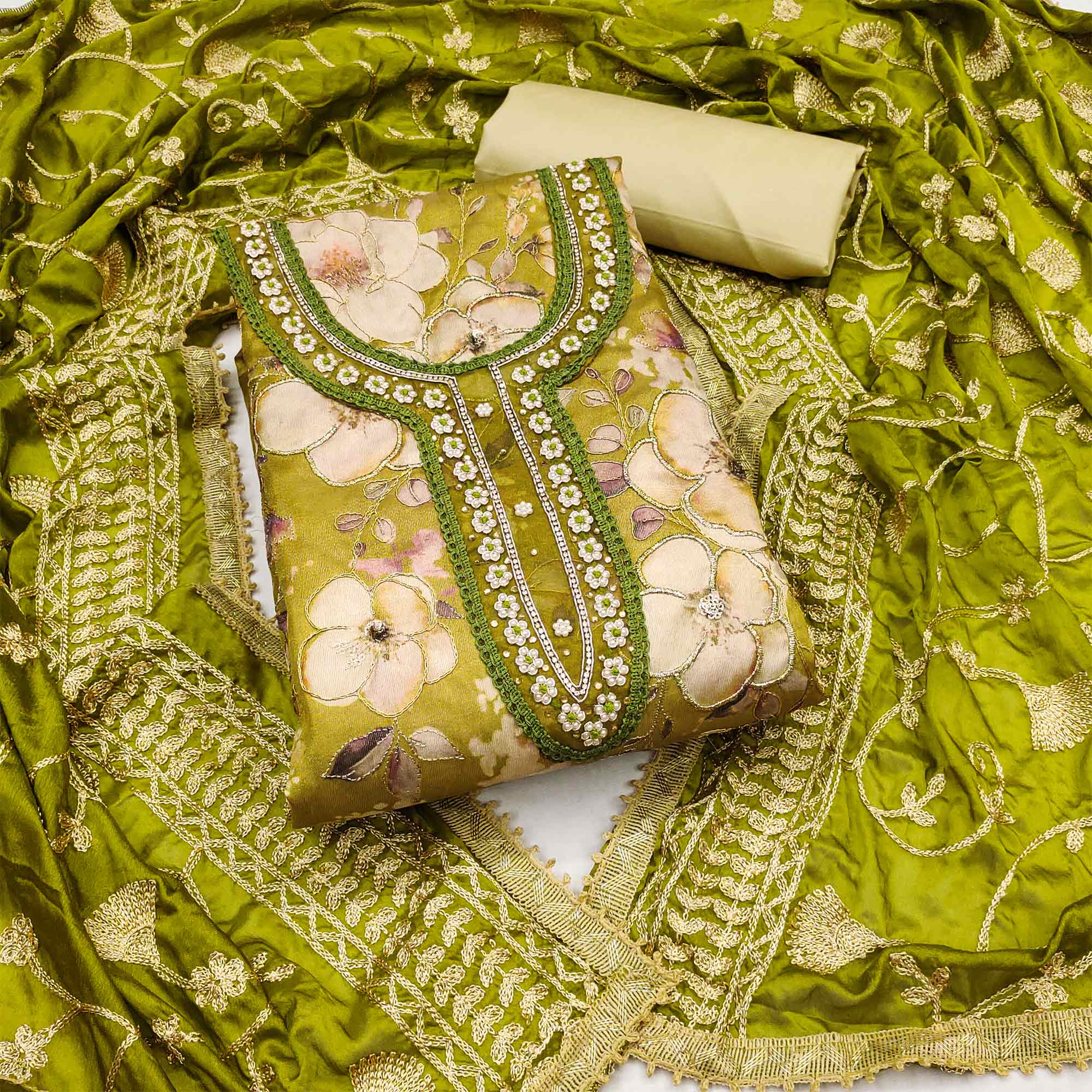 Green Floral Printed With Hand Embroidered Viscose Dress Material