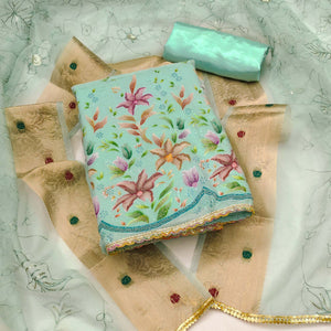 Turquoise Floral Hand Embroidered Organza Dress Material