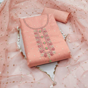 Peach Woven With Handwork Organza Dress Material