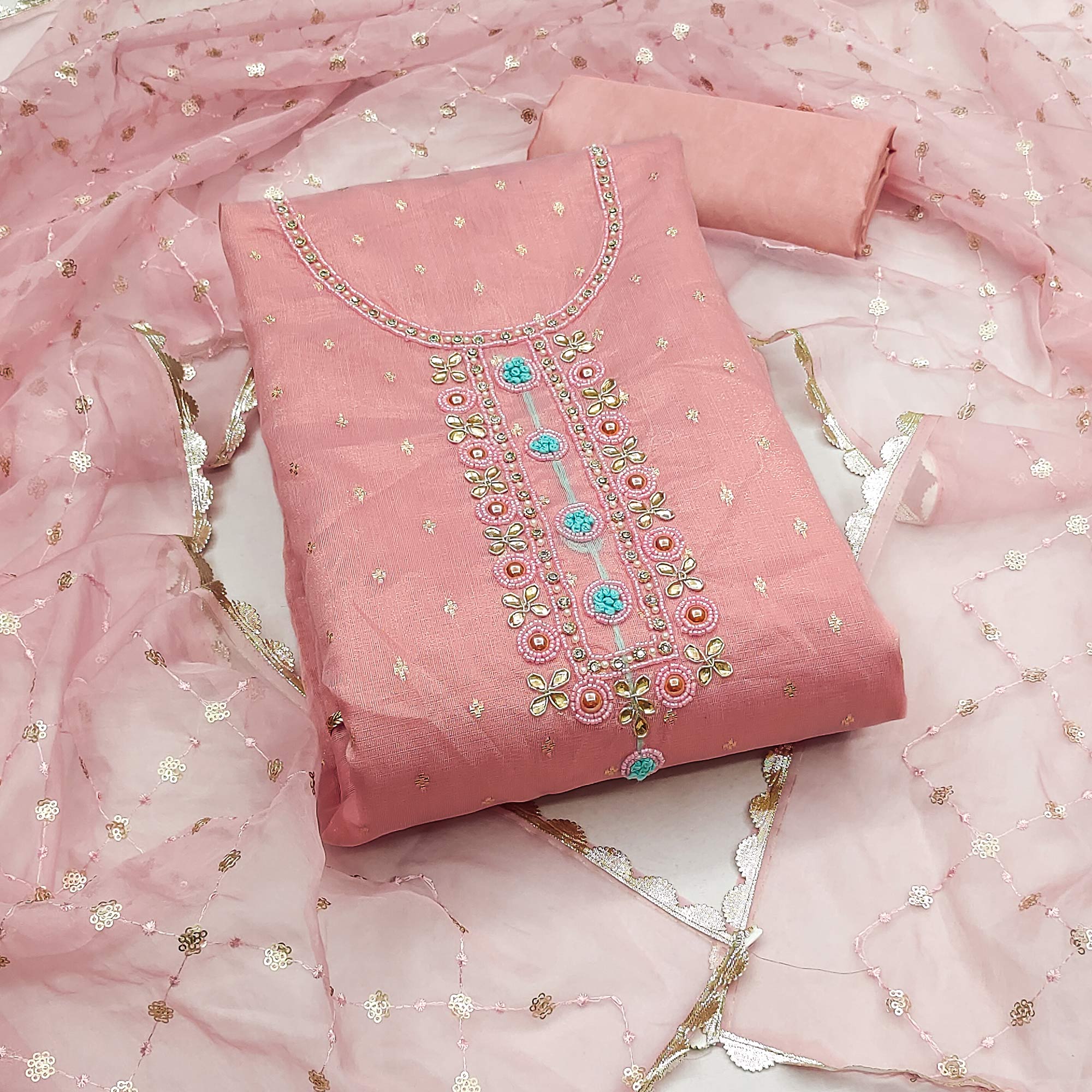 Pink Woven With Handwork Organza Dress Material