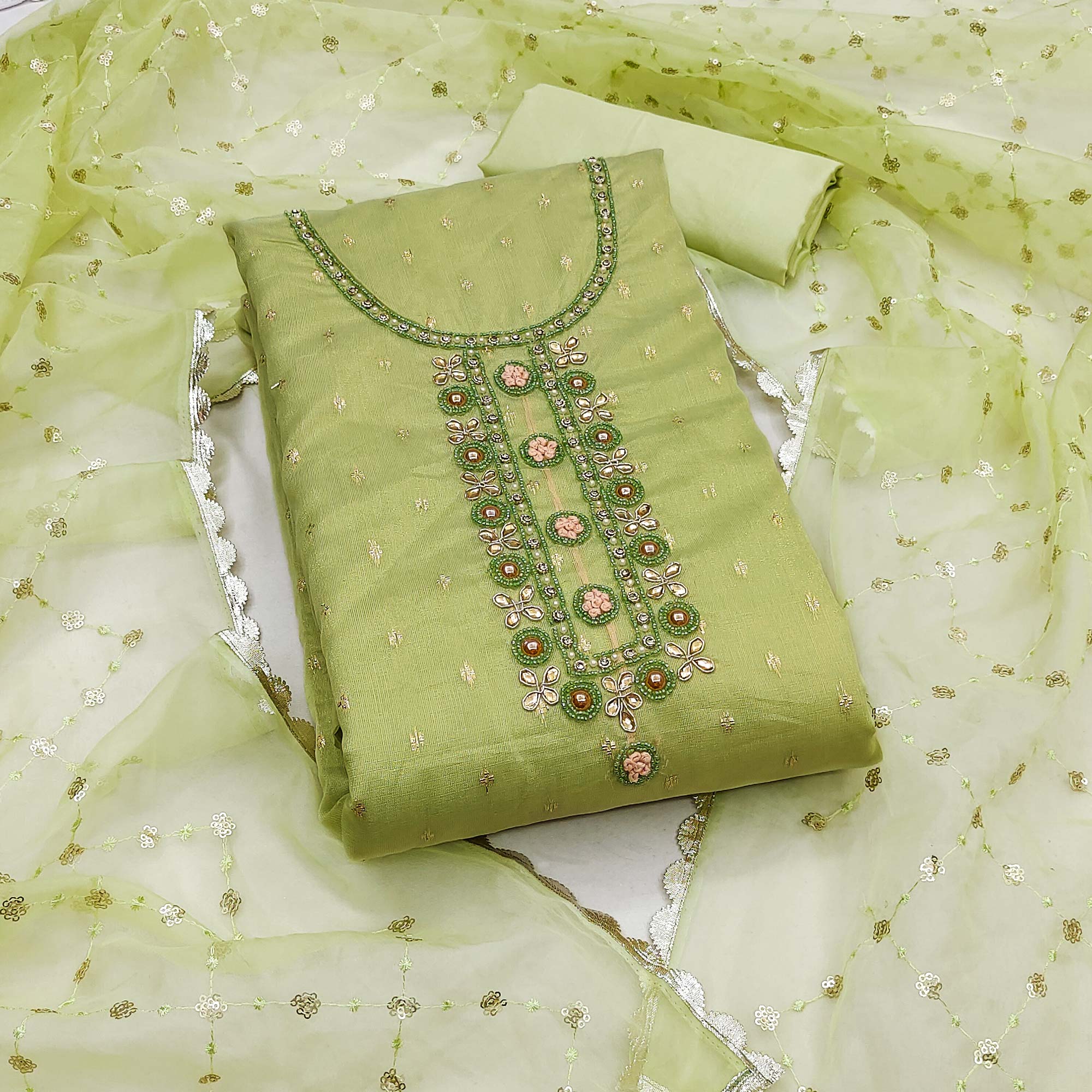 Pista Green Woven With Handwork Organza Dress Material