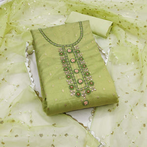 Pista Green Woven With Handwork Organza Dress Material