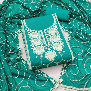 Rama Green Floral Sequins Embroidered Chanderi Silk Dress Material