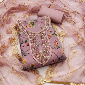 Mauve Floral Digital Printed With Hand Embroidery Organza Dress Material