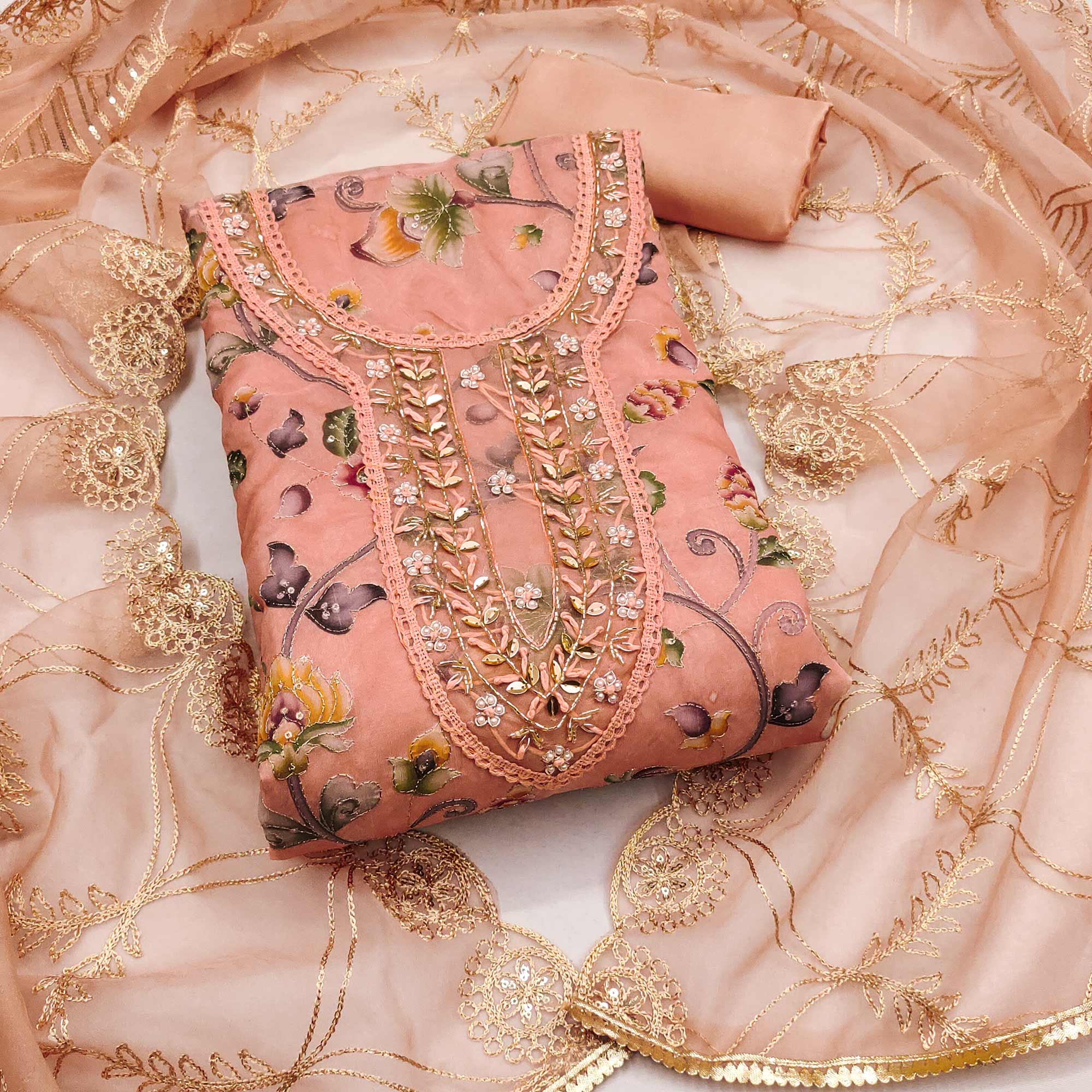 Peach Floral Digital Printed With Hand Embroidery Organza Dress Material