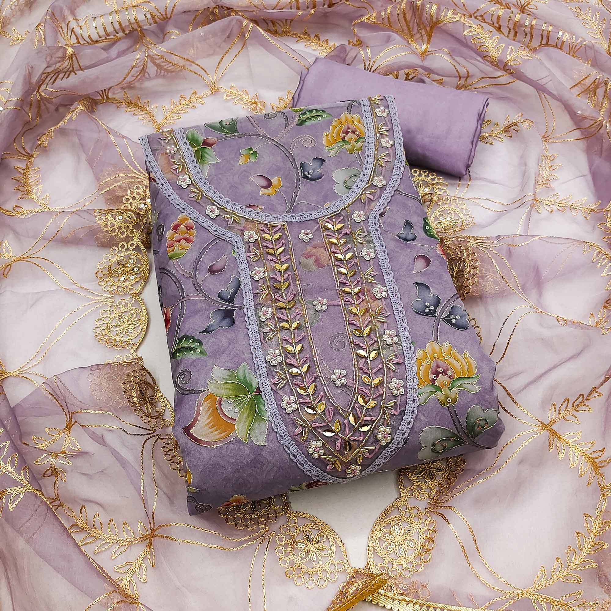 Purple Floral Digital Printed With Hand Embroidery Organza Dress Material
