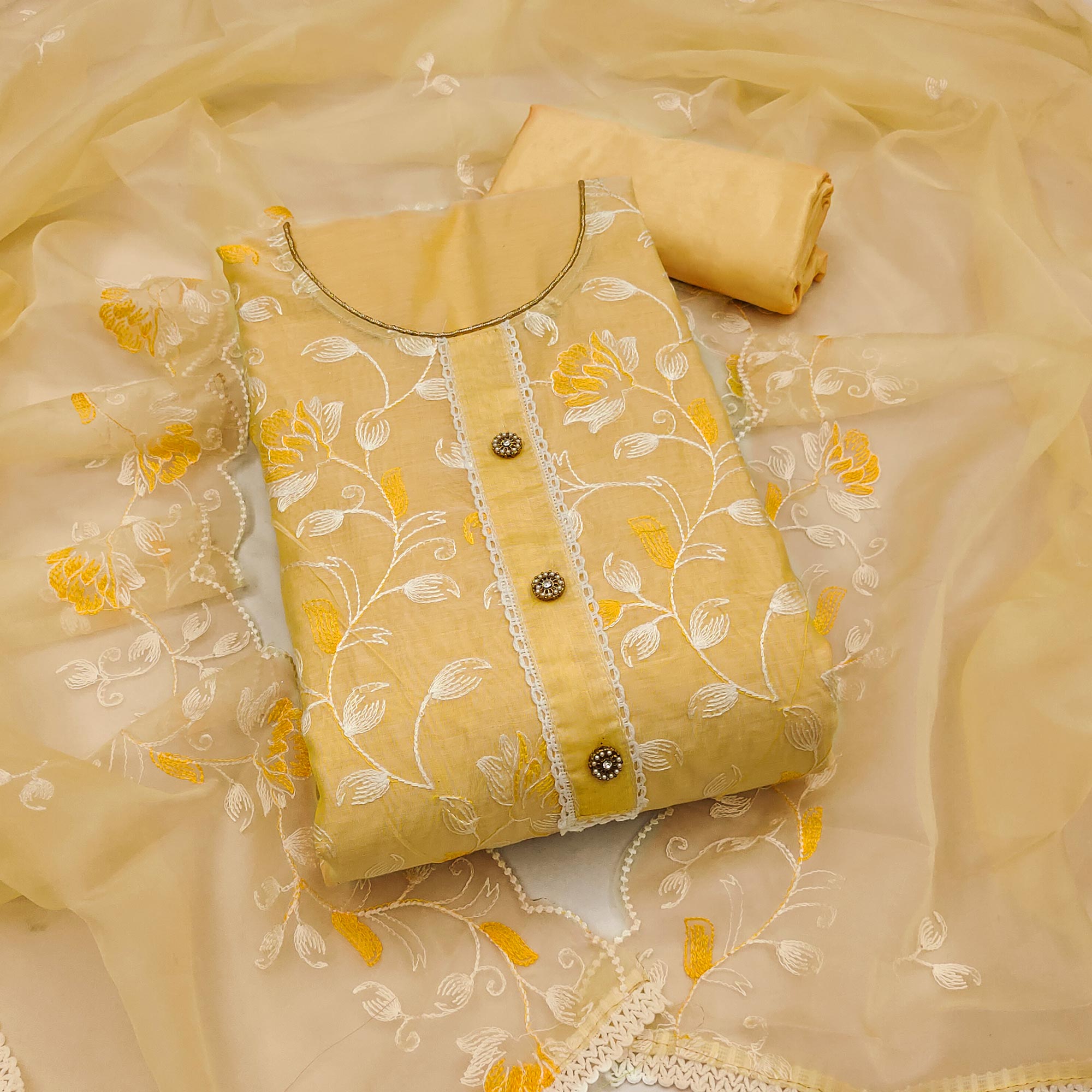 Yellow Floral Embroidered Chanderi Silk Dress Material