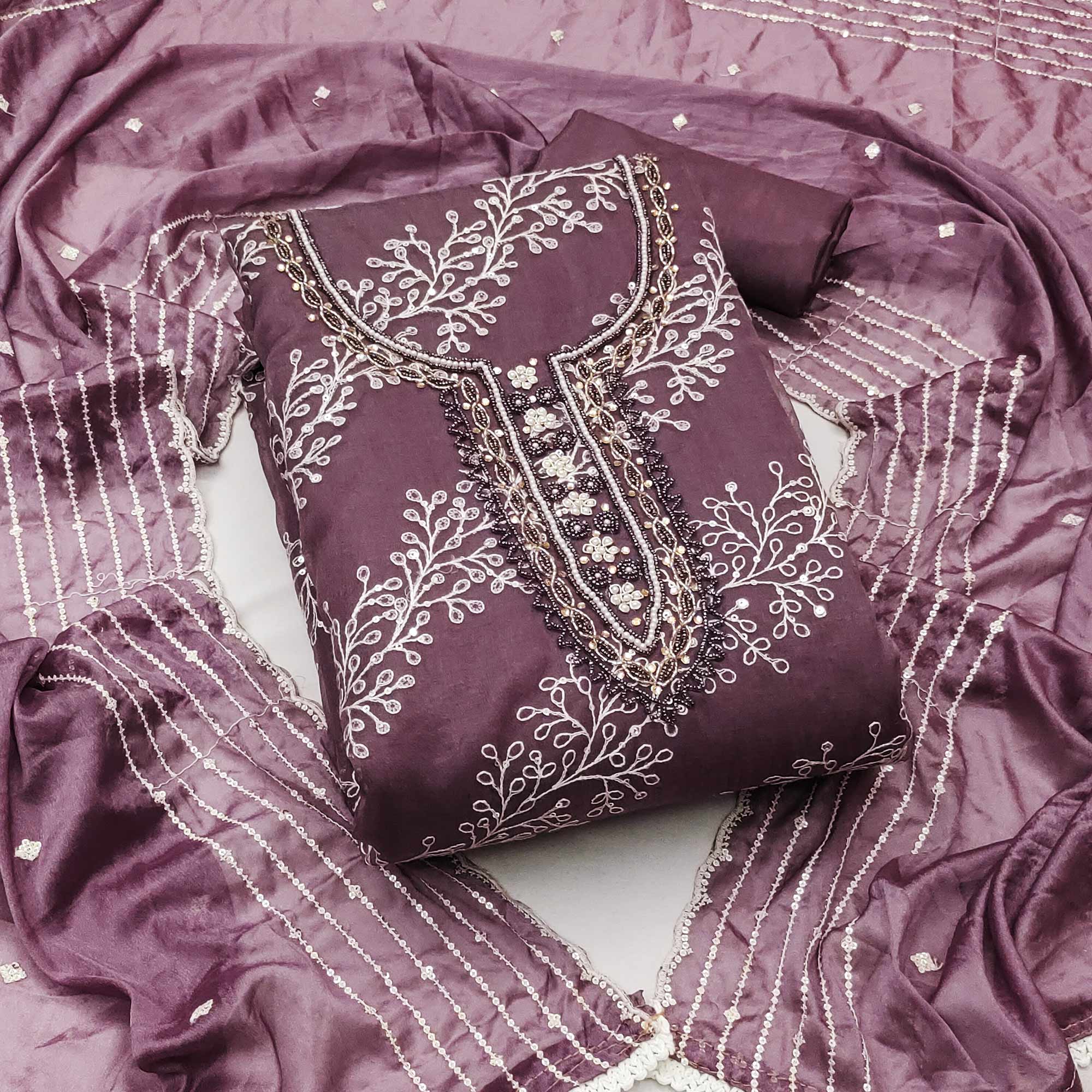 Wine Sequins Embroidery With Handwork Organza Dress Material