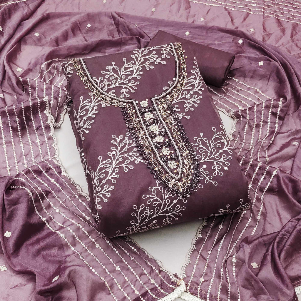 Wine Sequins Embroidery With Handwork Organza Dress Material