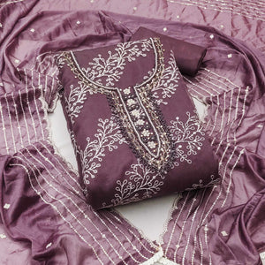 Wine Sequins Embroidery With Handwork Organza Dress Material