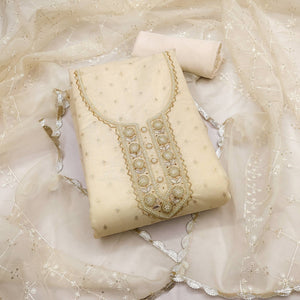 Offwhite Woven With Handwork Organza Dress Material