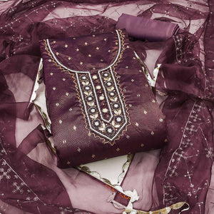 Wine Woven With Handwork Organza Dress Material